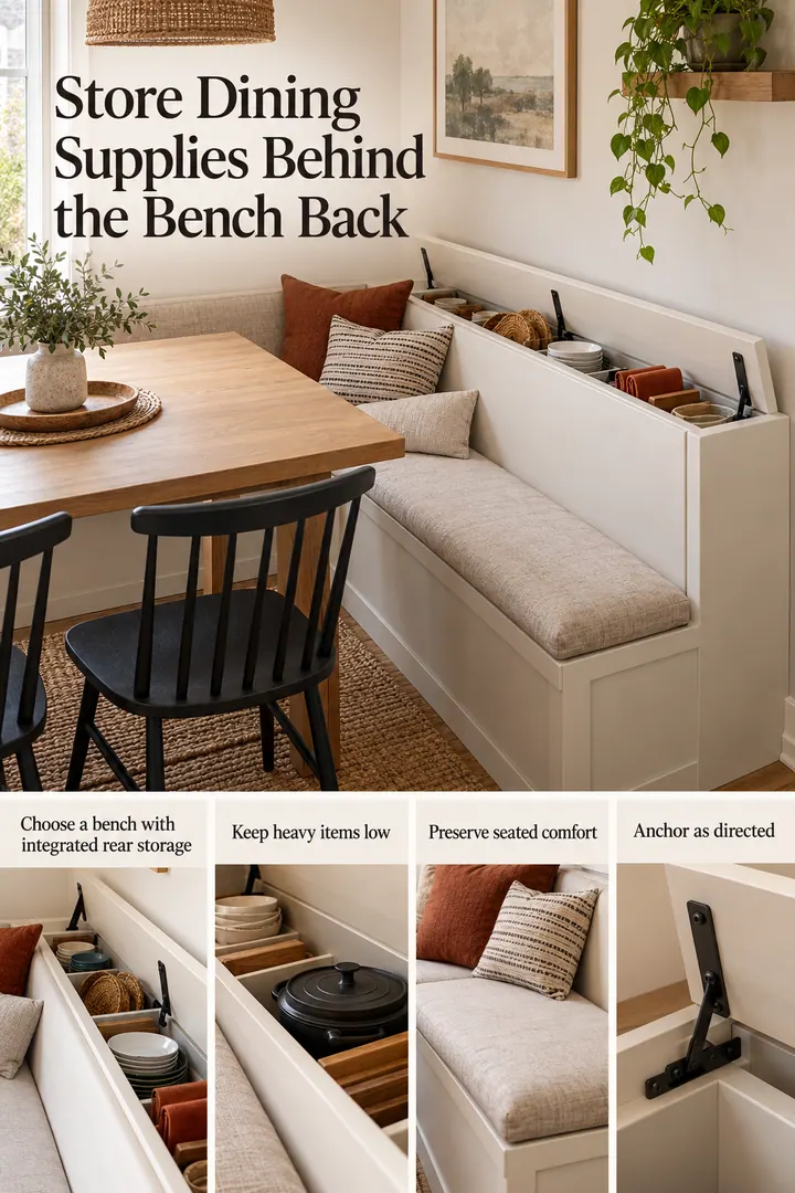 Editorial Educational Collage of bench back dining storage rail in Dining nook showing choose a bench with integrated rear storage.