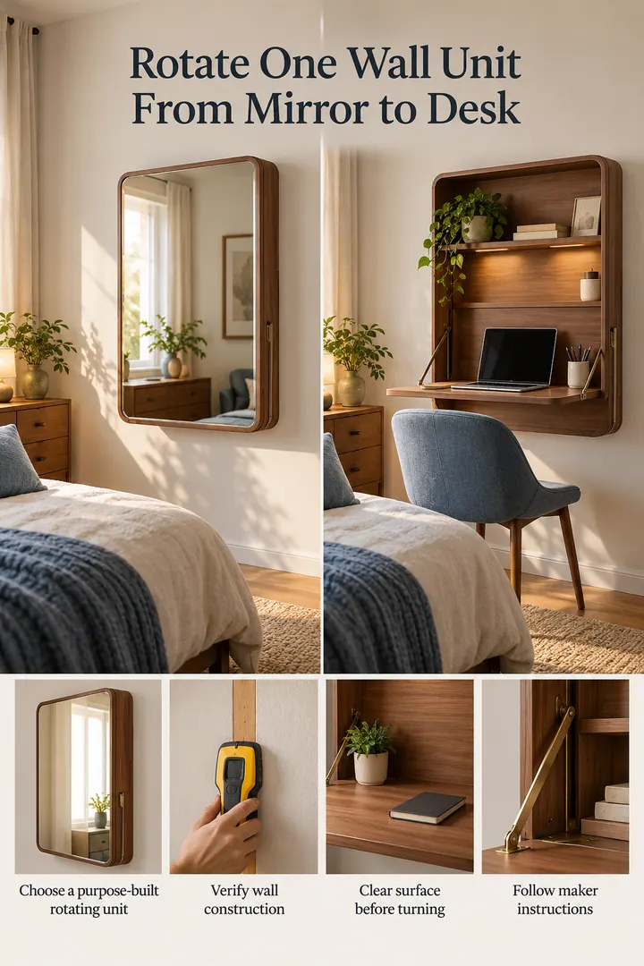 Room-by-Room Visual Guide of swivel wall mirror desk in Bedroom work corner showing choose a purpose-built rotating unit.