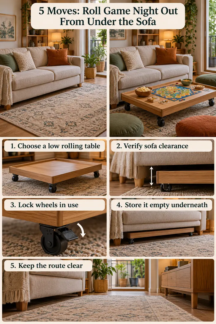 Numbered Ideas Infographic of under sofa rolling game table in Small living room showing choose a low rolling table.