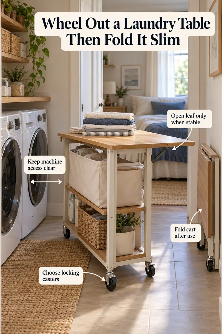 Annotated Educational Photo of drop leaf laundry folding cart in Laundry nook showing choose locking casters.