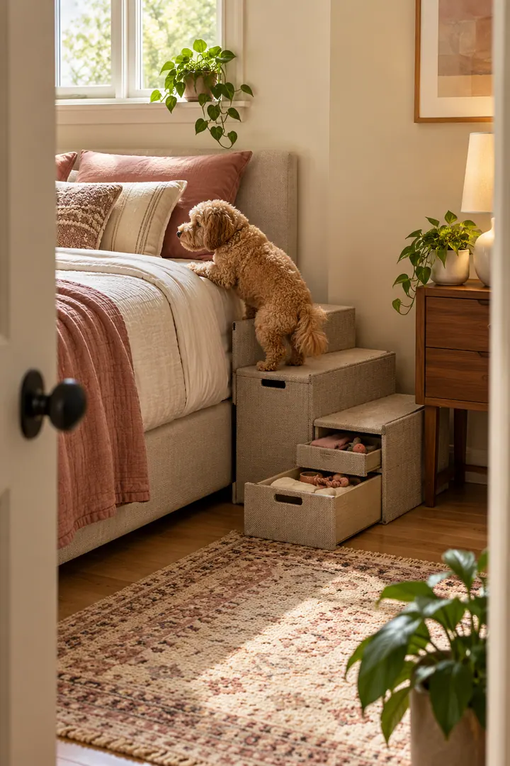 Clean Photo of modular cube pet stair storage in Bedroom showing choose purpose-built stable pet steps.