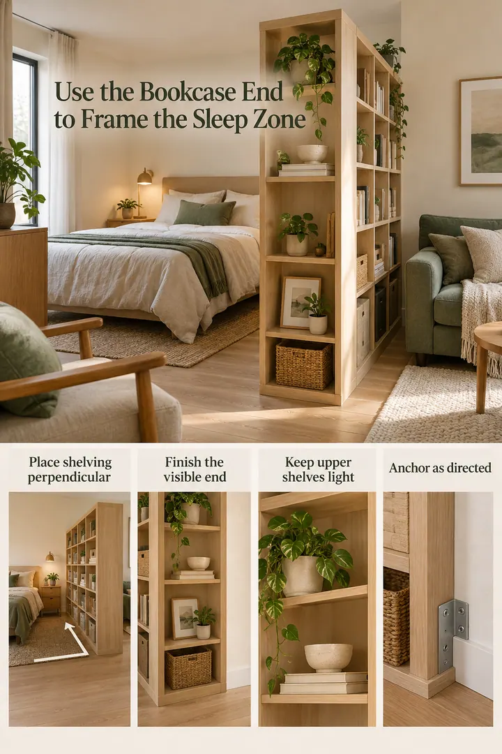 Editorial Educational Collage of bookcase end cap studio divider in Studio apartment showing place shelving perpendicular.