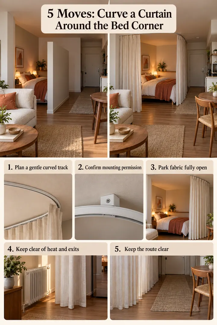 Numbered Ideas Infographic of curved curtain studio corner in Open studio showing plan a gentle curved track.