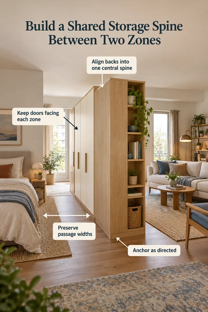 Annotated Educational Photo of back to back wardrobes studio spine in Large studio room showing align backs into one central spine.