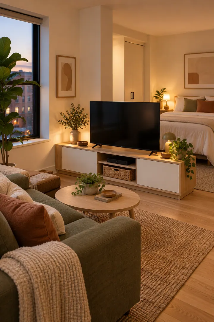 Clean Photo of low media console divider in Studio living area showing use a low stable console.