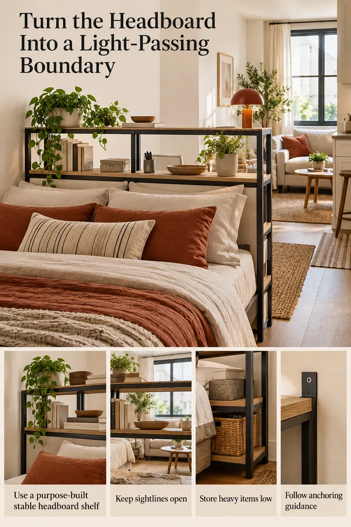 Editorial Educational Collage of headboard open shelf divider in Studio sleep zone showing use a purpose-built stable headboard shelf.