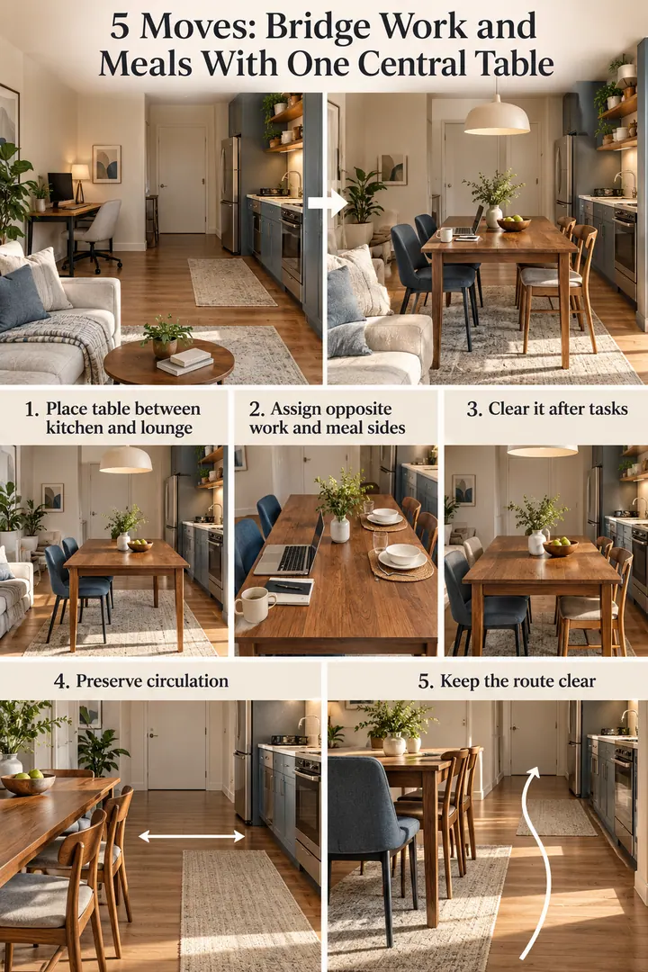 Numbered Ideas Infographic of dining table studio bridge in Studio apartment showing place table between kitchen and lounge.