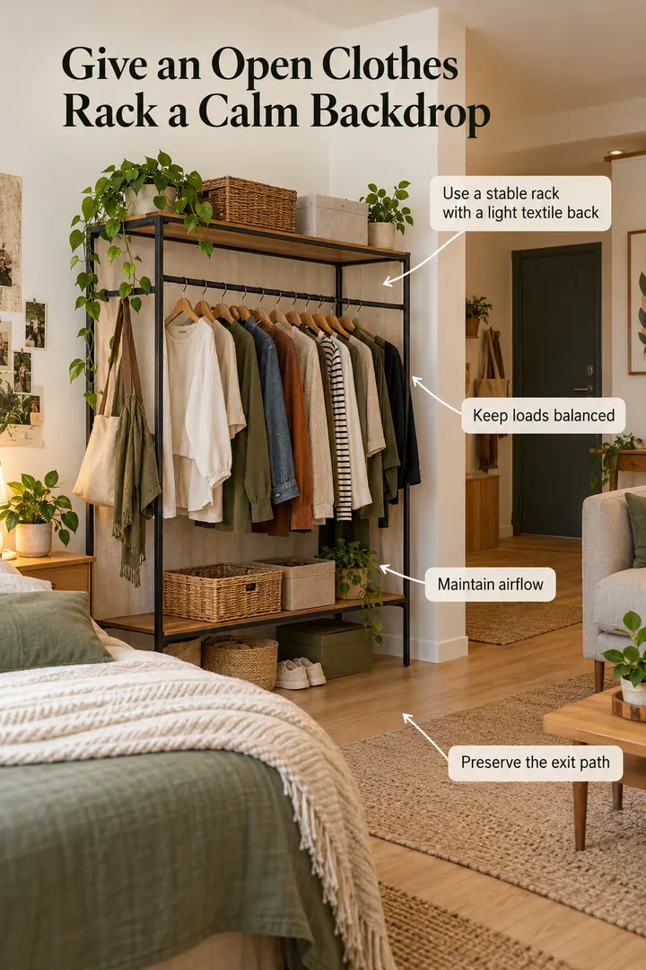 Annotated Educational Photo of clothes rack textile back studio in Studio bedroom zone showing use a stable rack with a light textile back.