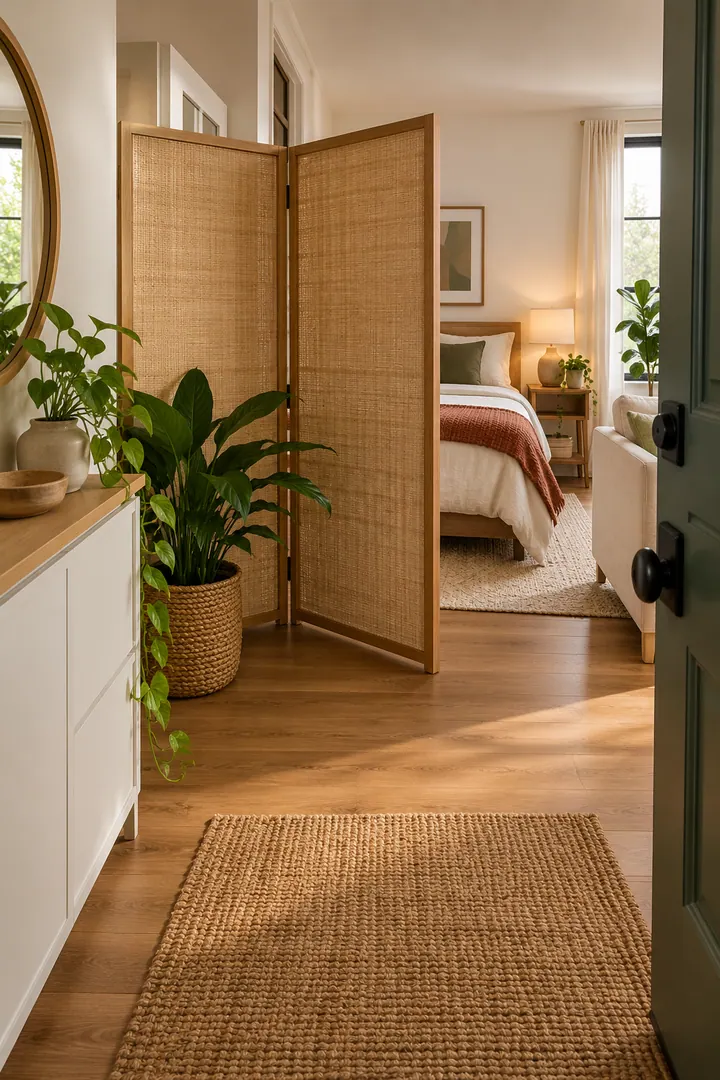 Clean Photo of pair of screens entry corridor in Open-plan studio showing angle two stable screens to guide sightlines.