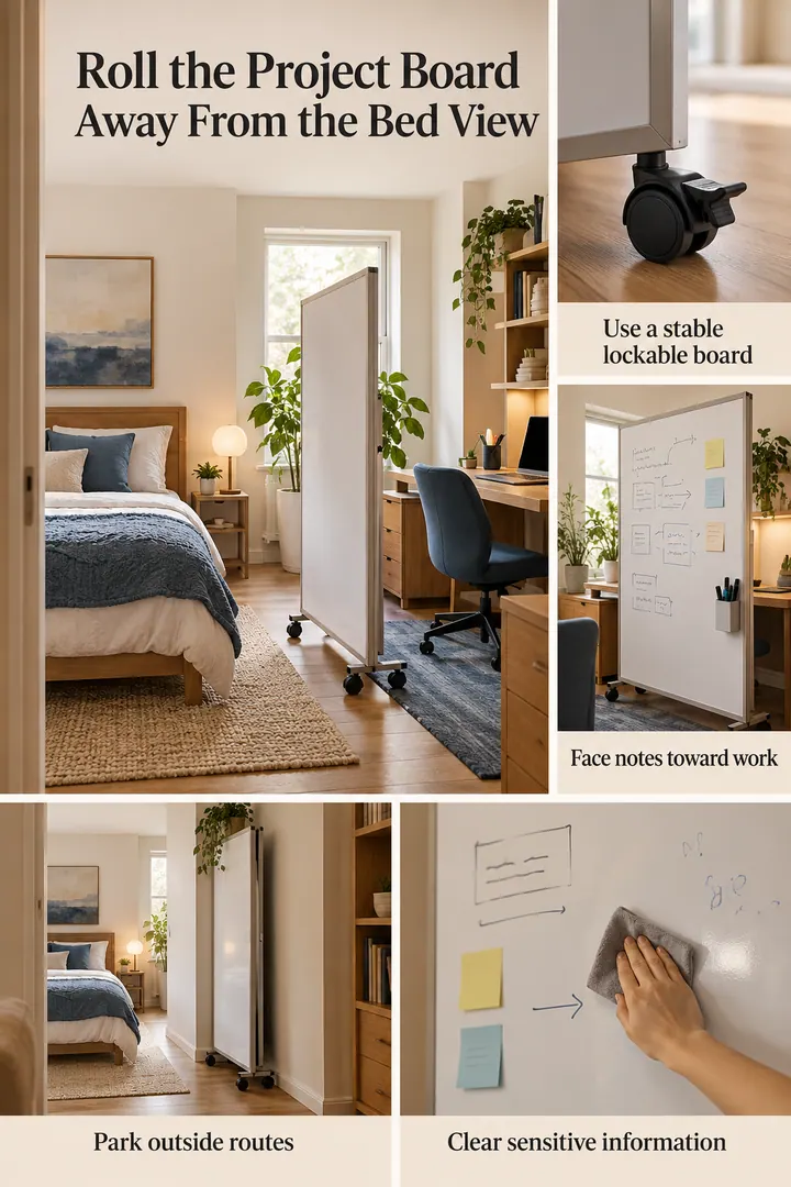 Editorial Educational Collage of rolling whiteboard workspace divider in Studio home office showing use a stable lockable board.