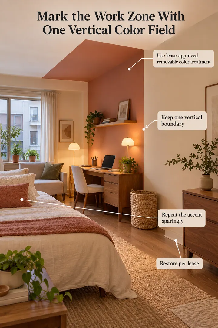 Annotated Educational Photo of ceiling height color block zoning in Rental studio showing use lease-approved removable color treatment.