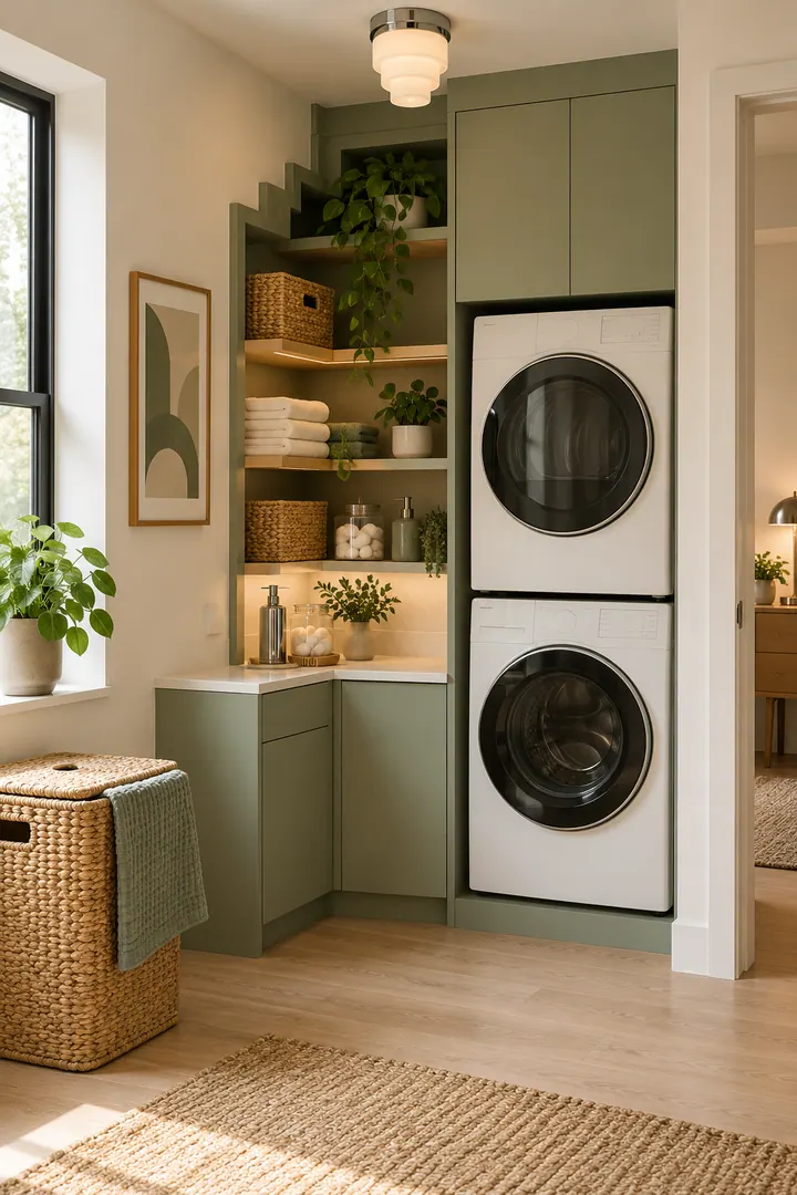 Clean Photo of neo deco laundry nook in Laundry closet showing add one stepped motif.