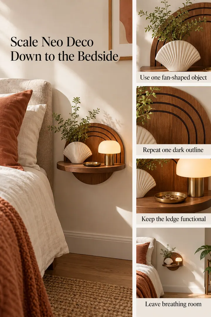 Editorial Educational Collage of neo deco bedside shelf in Compact bedroom showing use one fan-shaped object.