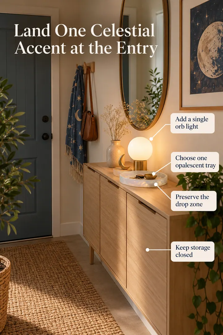 Annotated Educational Photo of extra celestial entry console in Narrow entryway showing choose one opalescent tray.