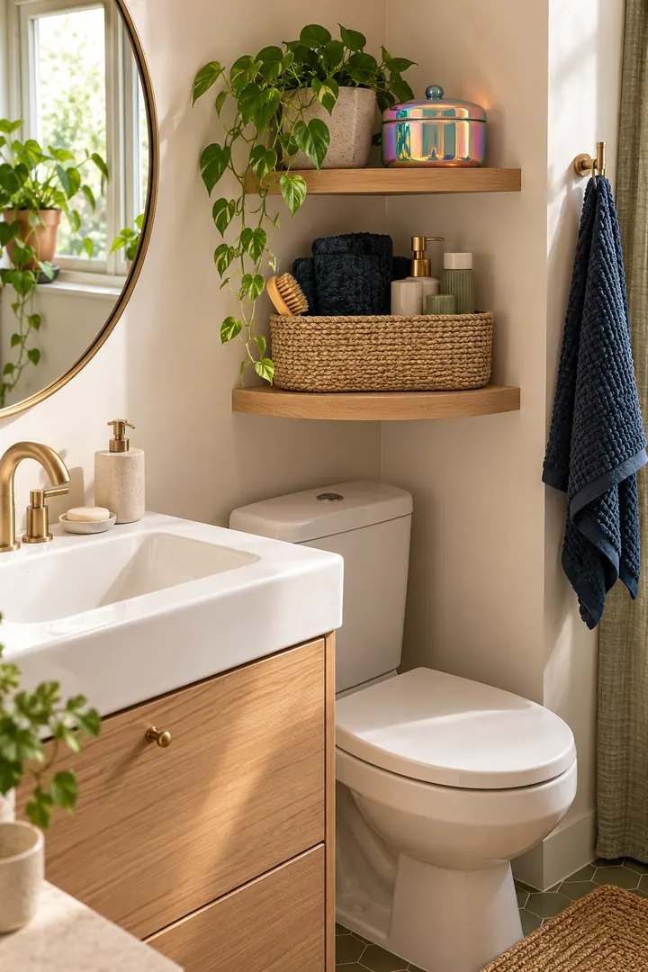 Clean Photo of extra celestial bathroom shelf in Small bathroom showing use one iridescent container.