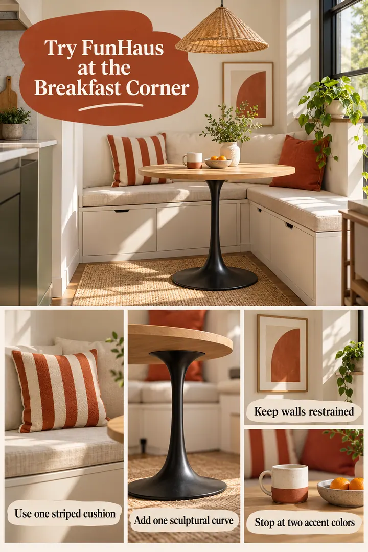 Editorial Educational Collage of funhaus kitchen breakfast corner in Tiny breakfast nook showing use one striped cushion.