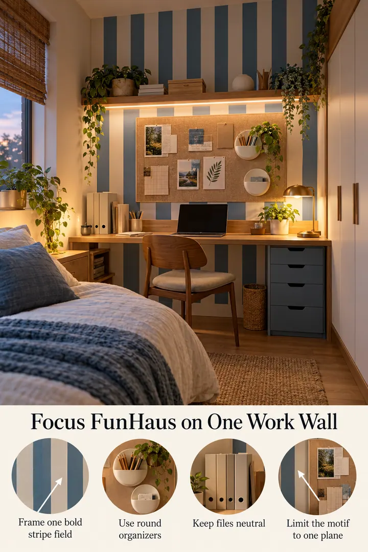 Annotated Educational Photo of funhaus home office pinboard in Bedroom work nook showing frame one bold stripe field.