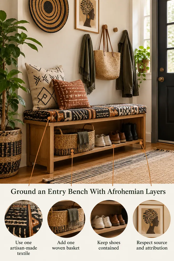 Annotated Educational Photo of afrohemian entry bench in Compact entryway showing use one artisan-made textile.