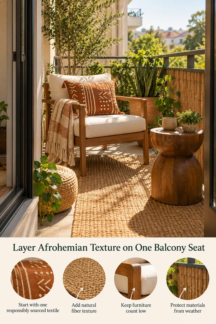 Annotated Educational Photo of afrohemian balcony seat in Small balcony showing start with one responsibly sourced textile.