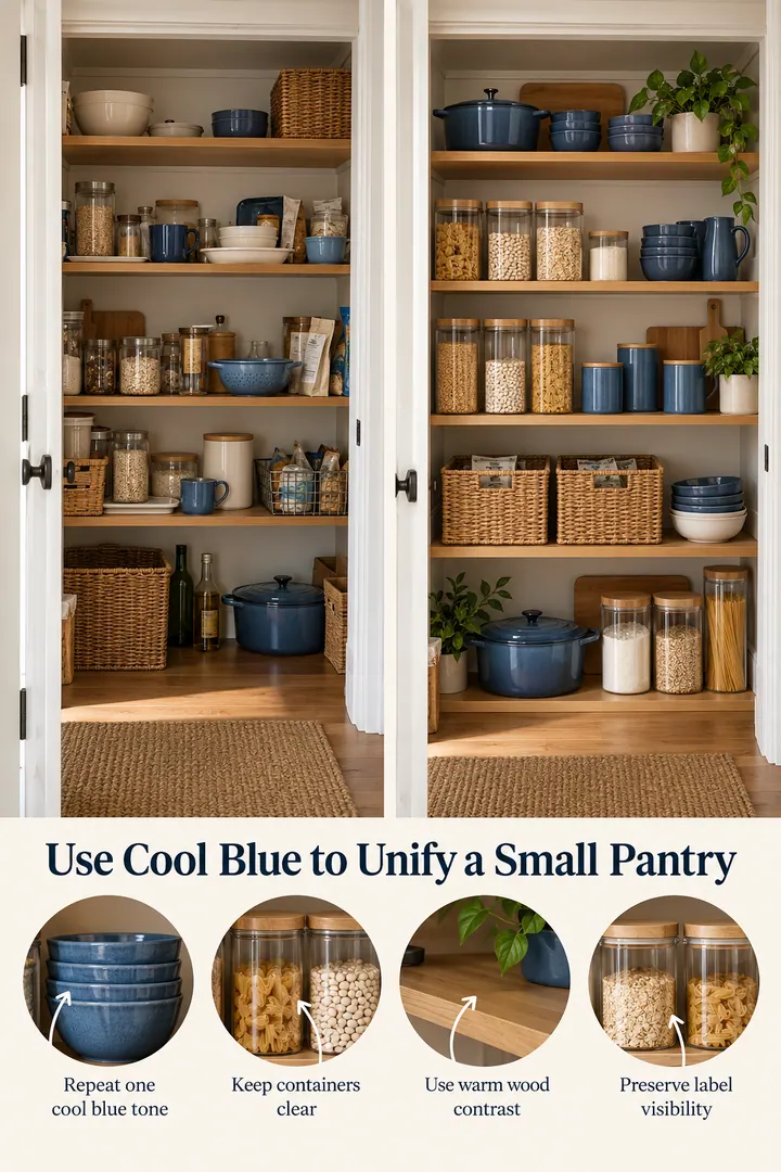 Annotated Educational Photo of cool blue pantry accent in Kitchen pantry showing repeat one cool blue tone.