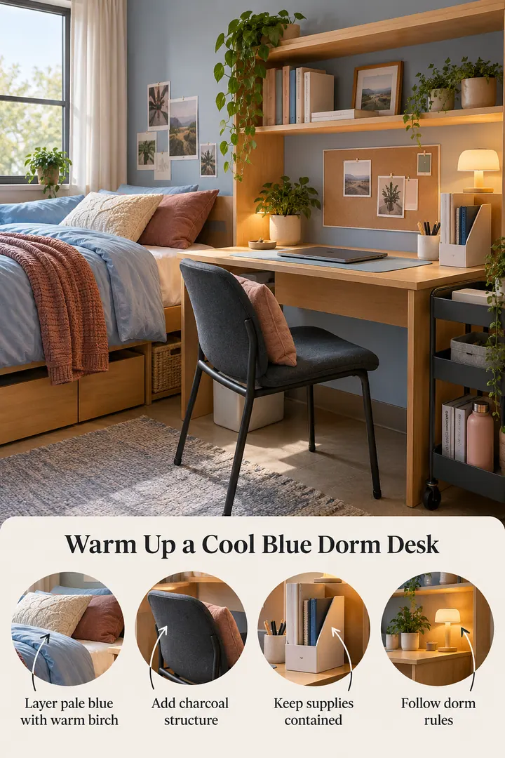 Annotated Educational Photo of cool blue dorm study zone in Dorm room desk showing layer pale blue with warm birch.
