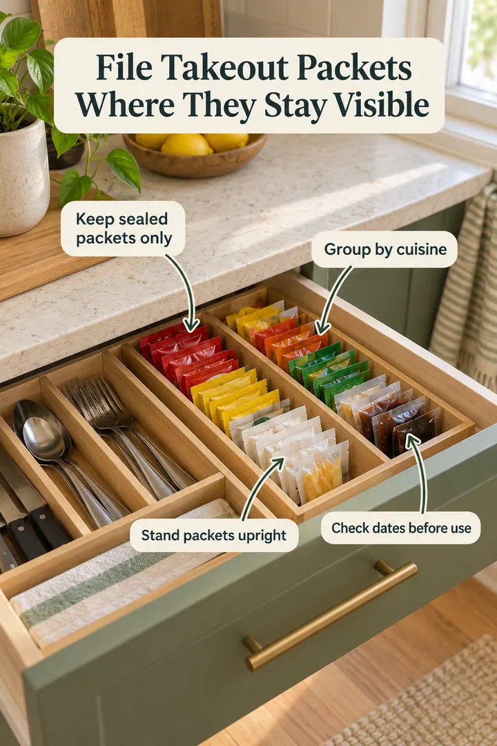 Annotated Educational Photo of takeout condiment packet caddy in Kitchen drawer showing keep sealed packets only.