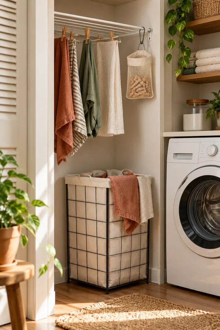 Clean Photo of clothespin laundry pouch in Laundry closet showing use one breathable pouch.