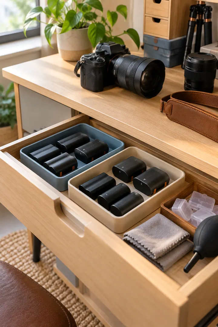 Detail/Lifestyle Photo of camera battery charged waiting trays in Home office cabinet showing use separate shallow trays.