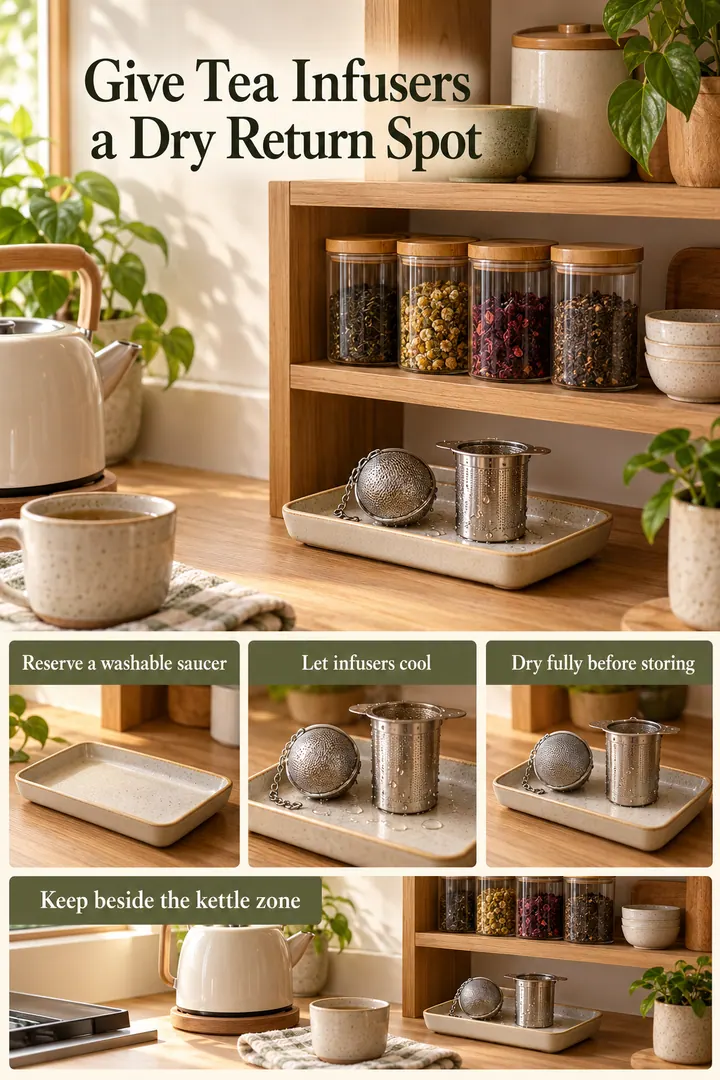 Editorial Educational Collage of tea infuser drying saucer in Kitchen tea shelf showing reserve a washable saucer.