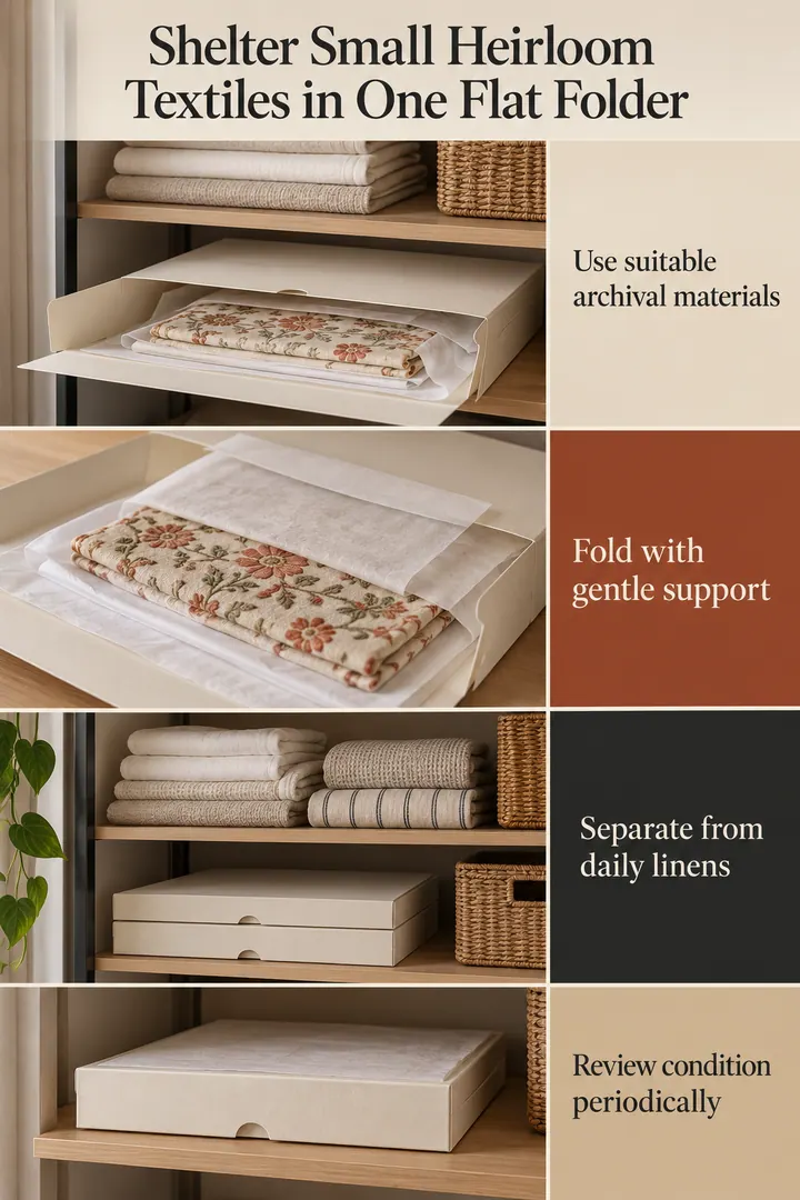 Color Palette Guide of heirloom textile acid free folder in Bedroom wardrobe shelf showing use suitable archival materials.