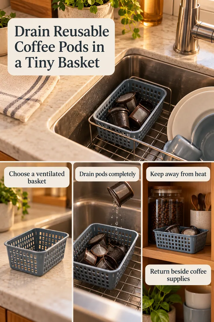 Room-by-Room Visual Guide of reusable coffee pod drain basket in Kitchen sink zone showing choose a ventilated basket.