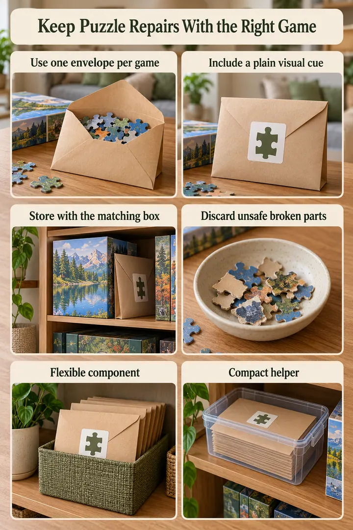 Budget Decor Catalog of puzzle piece repair envelope in Living room game cabinet showing use one envelope per game.