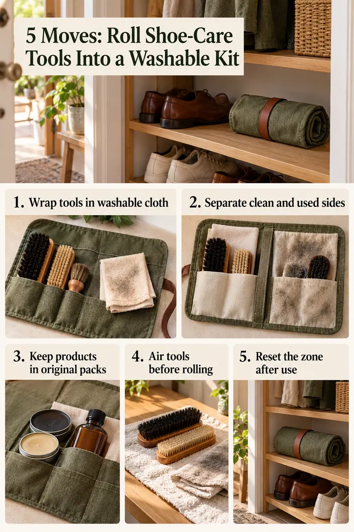 Numbered Ideas Infographic of shoe care brush cloth roll in Entry closet showing wrap tools in washable cloth.