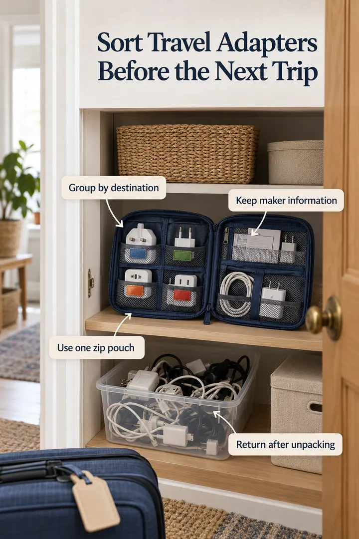 Annotated Educational Photo of travel plug adapter country pouch in Hall cupboard showing group by destination.