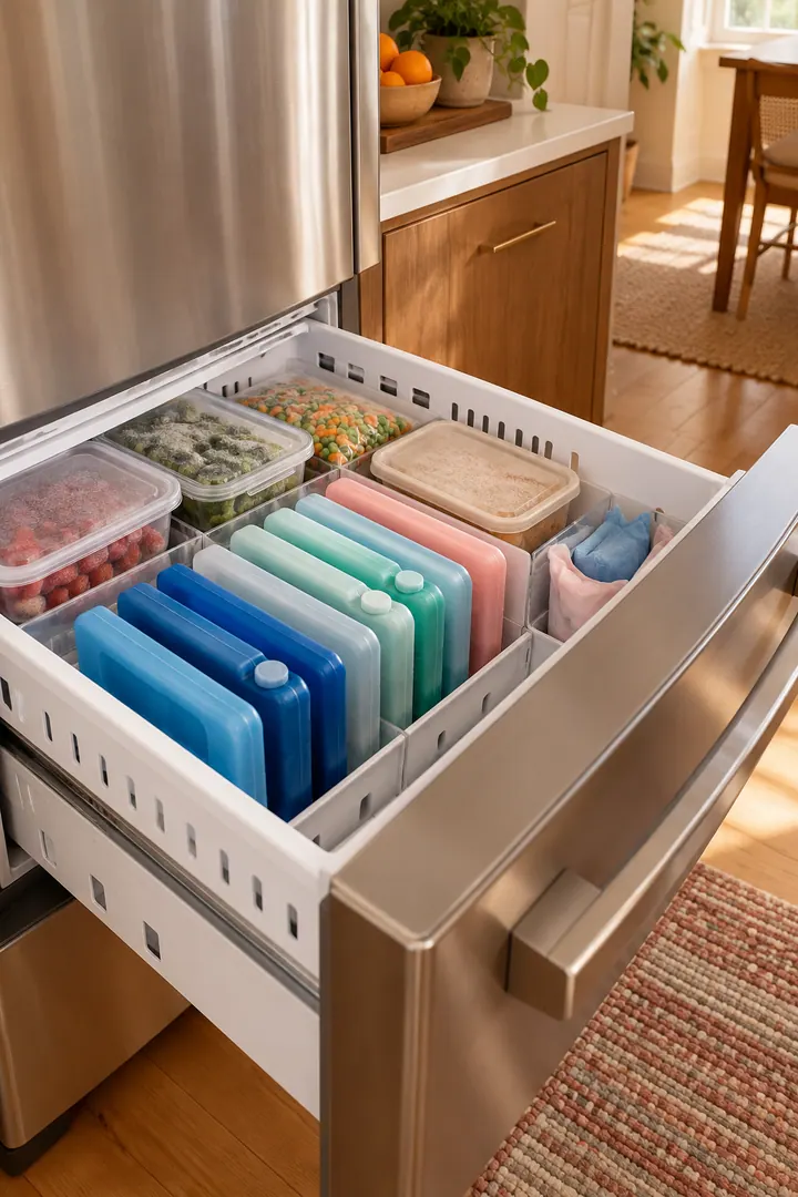 Clean Photo of reusable ice pack freezer file in Freezer drawer showing freeze packs flat.