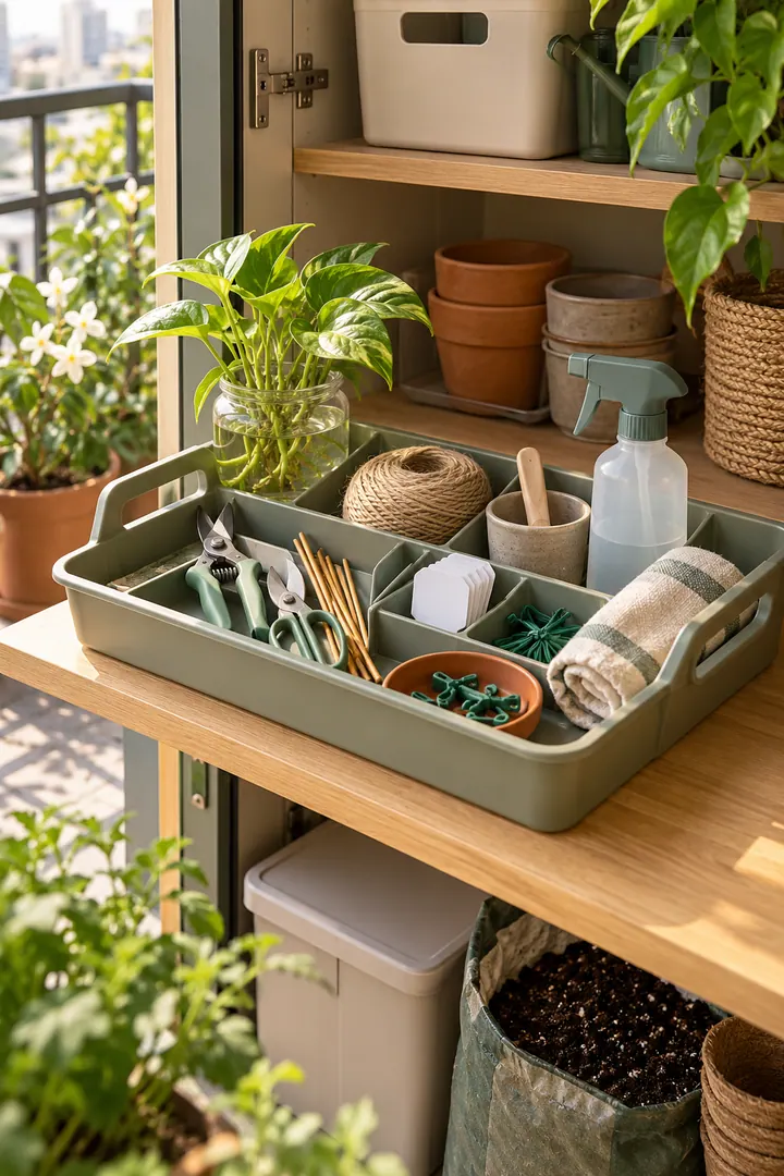 Detail/Lifestyle Photo of plant propagation tool tray in Balcony cabinet showing use one washable tray.