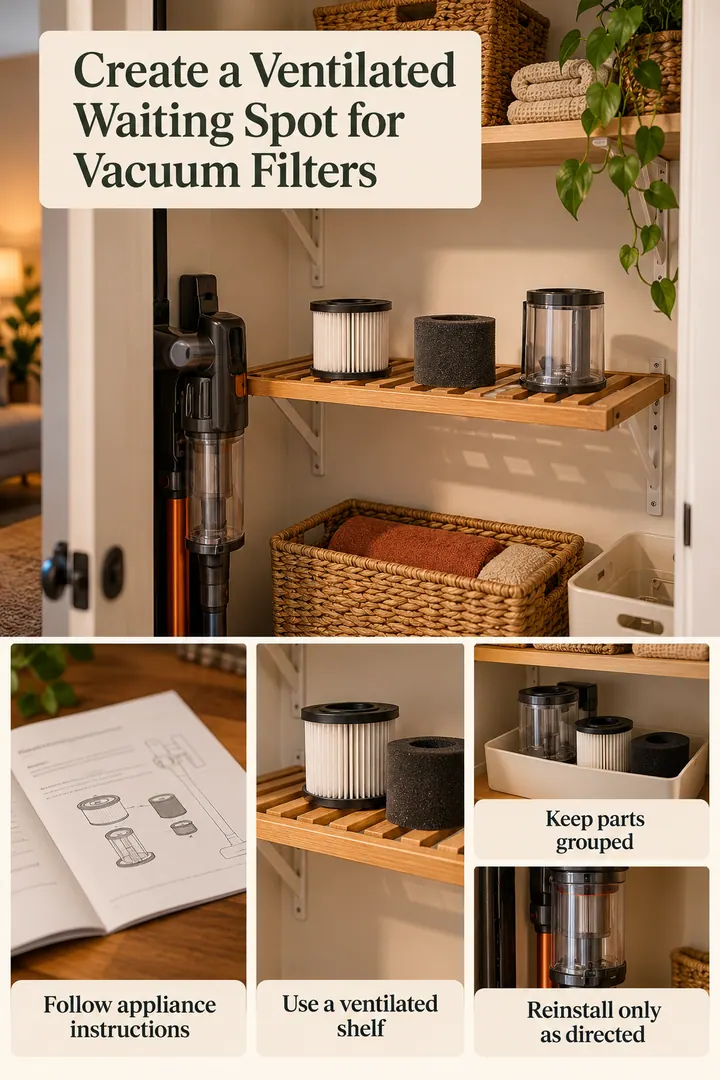 Editorial Educational Collage of vacuum filter drying shelf in Utility closet showing follow appliance instructions.