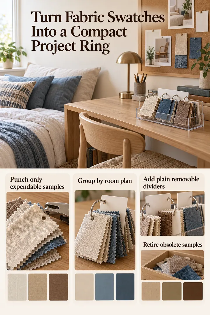 Color Palette Guide of fabric sample ring archive in Bedroom work nook showing punch only expendable samples.