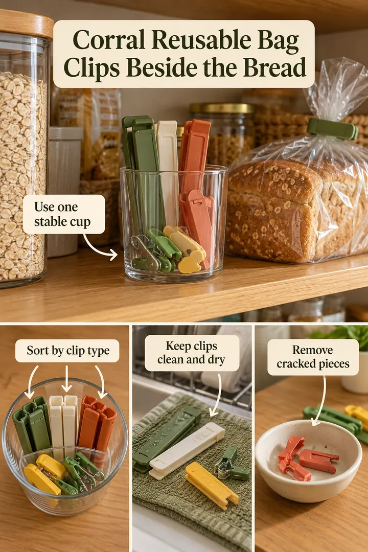 Room-by-Room Visual Guide of bread bag clip sorting cup in Kitchen pantry showing use one stable cup.