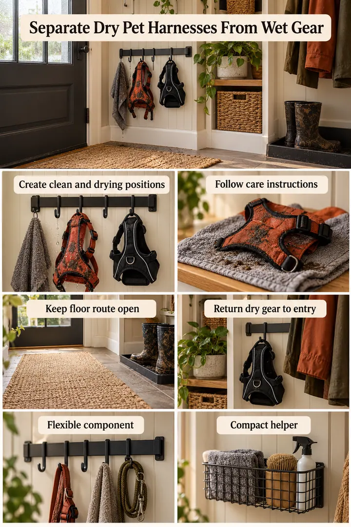 Budget Decor Catalog of pet harness wash rotation hooks in Entry utility nook showing create clean and drying positions.