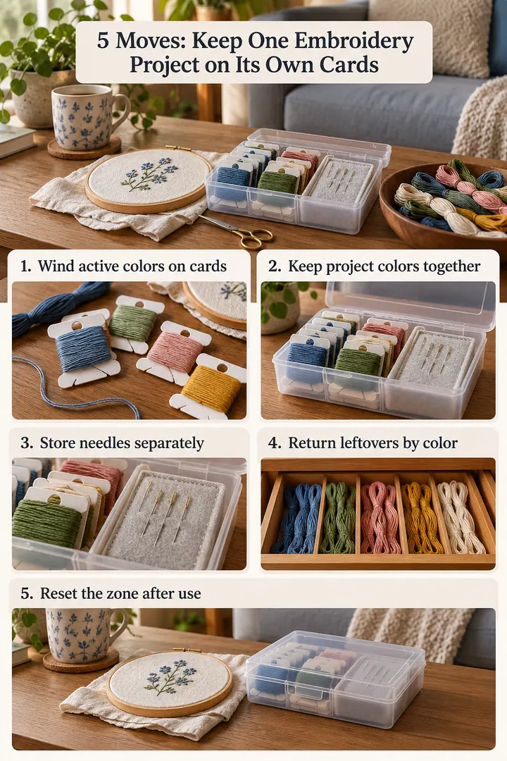 Numbered Ideas Infographic of embroidery floss project cards in Living room craft drawer showing wind active colors on cards.