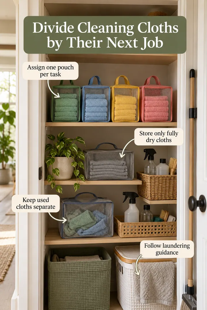 Annotated Educational Photo of microfiber cloth task pouches in Cleaning cupboard showing assign one pouch per task.