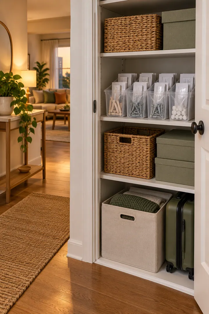 Clean Photo of spare furniture hardware capsule box in Hall closet shelf showing bag hardware by furniture item.