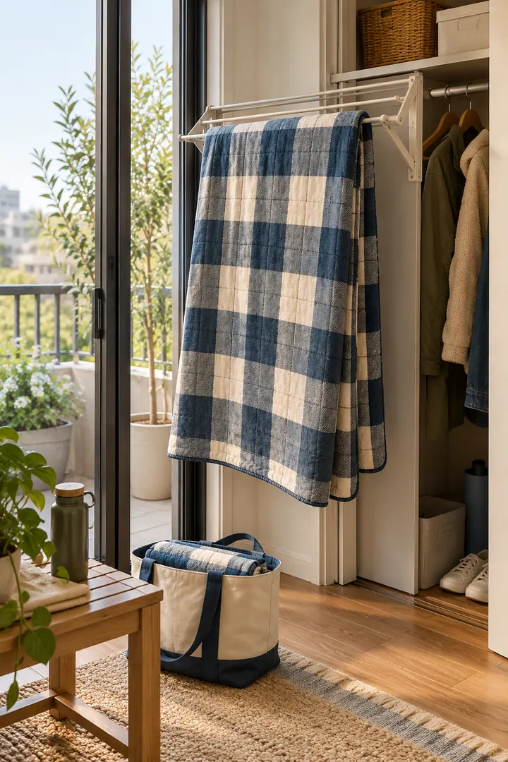 Detail/Lifestyle Photo of picnic blanket drying hanger in Balcony door closet showing shake off debris appropriately.