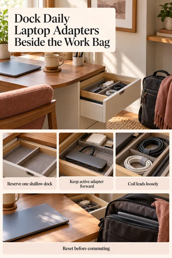 Editorial Educational Collage of laptop dongle daily dock in Home office drawer showing reserve one shallow dock.