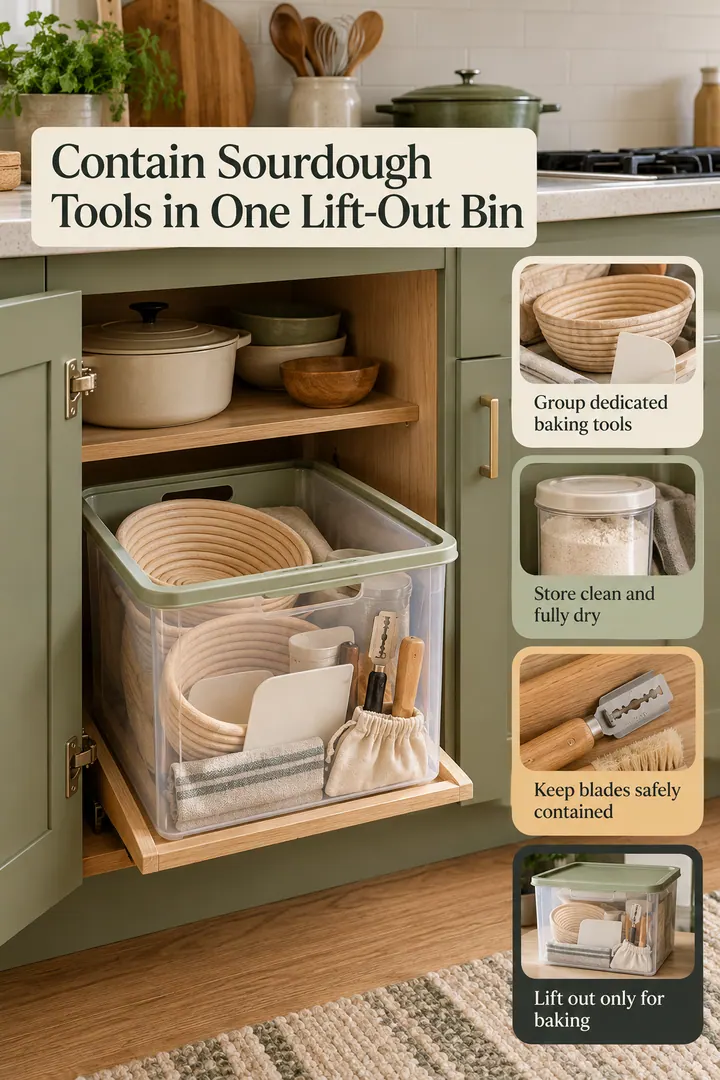 Color Palette Guide of sourdough tools lidded bin in Kitchen base cabinet showing group dedicated baking tools.