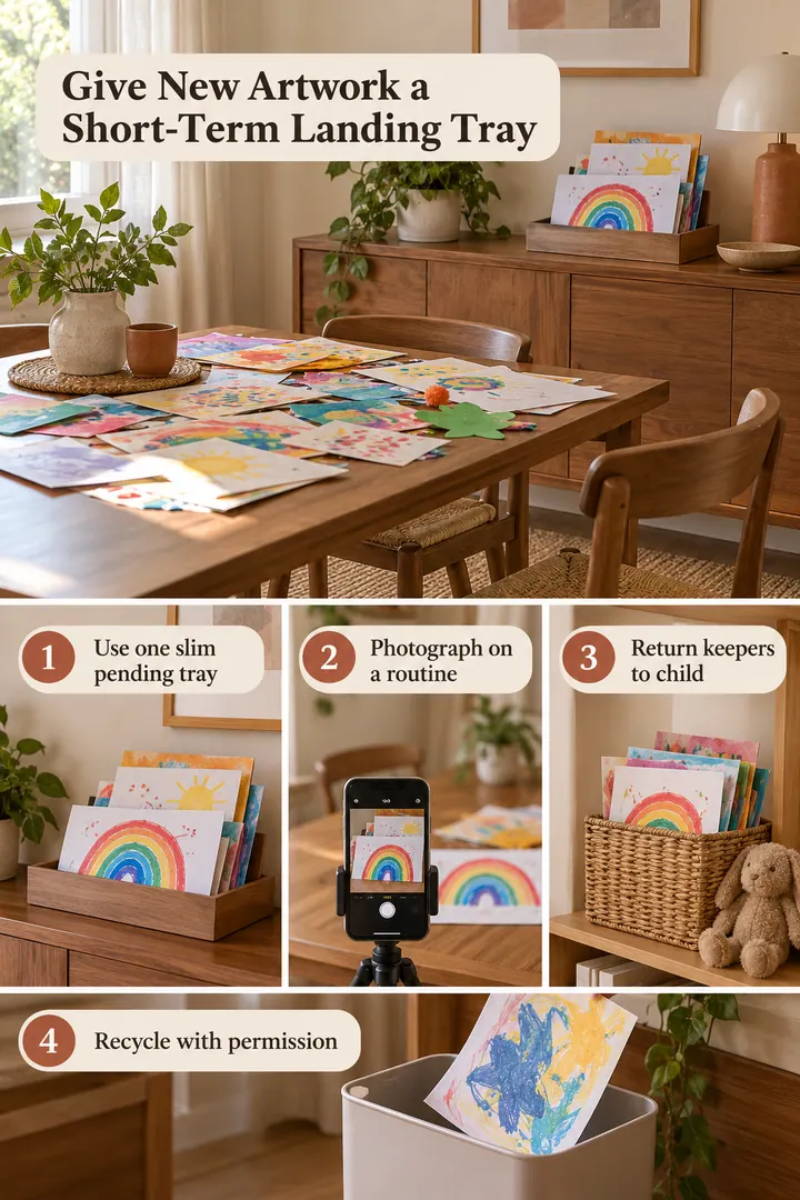 Room-by-Room Visual Guide of kids artwork photo pending tray in Dining console showing use one slim pending tray.