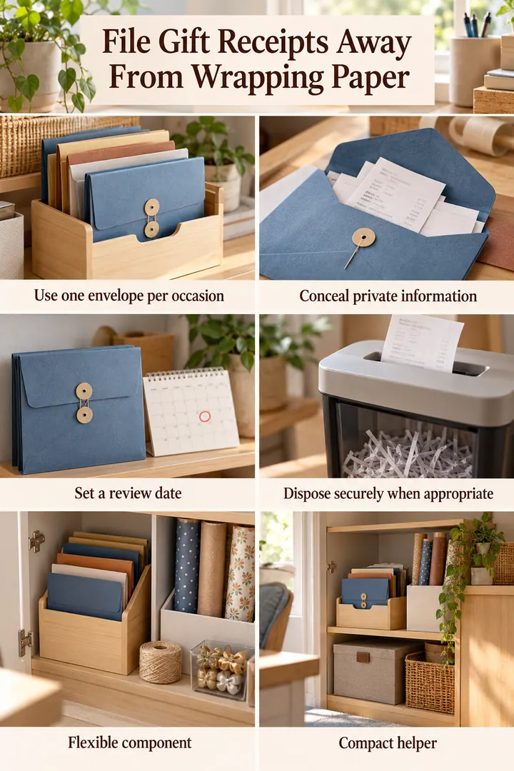 Budget Decor Catalog of gift receipt private envelope file in Home office cabinet showing use one envelope per occasion.