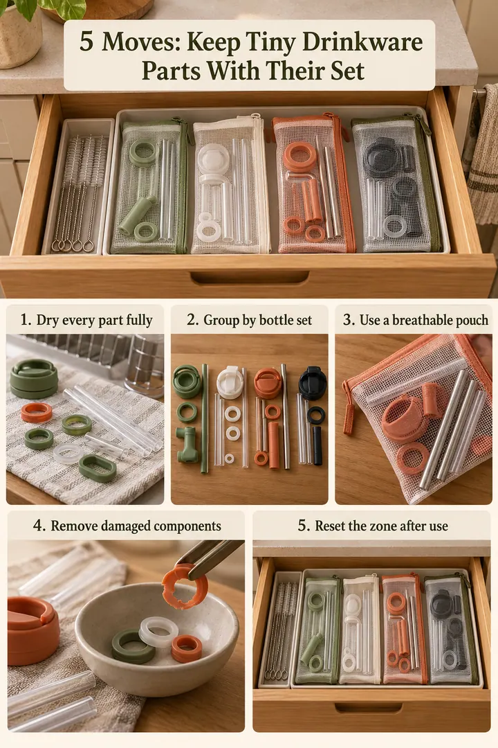 Numbered Ideas Infographic of reusable straw parts mesh pouch in Kitchen drawer showing dry every part fully.