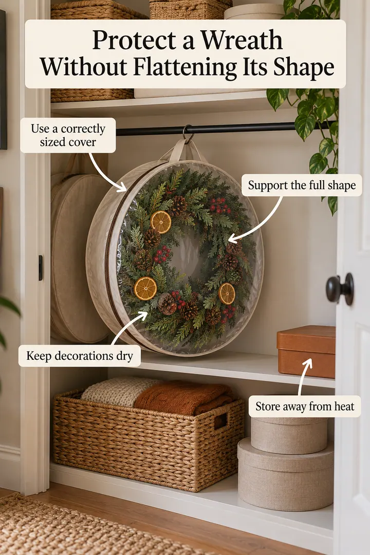 Annotated Educational Photo of seasonal door wreath storage ring in Hall cupboard showing use a correctly sized cover.